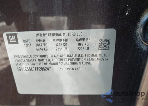 2015 Chevrolet Malibu 1Lt from USA, damaged, VIN 1G11C5SL7FF205247